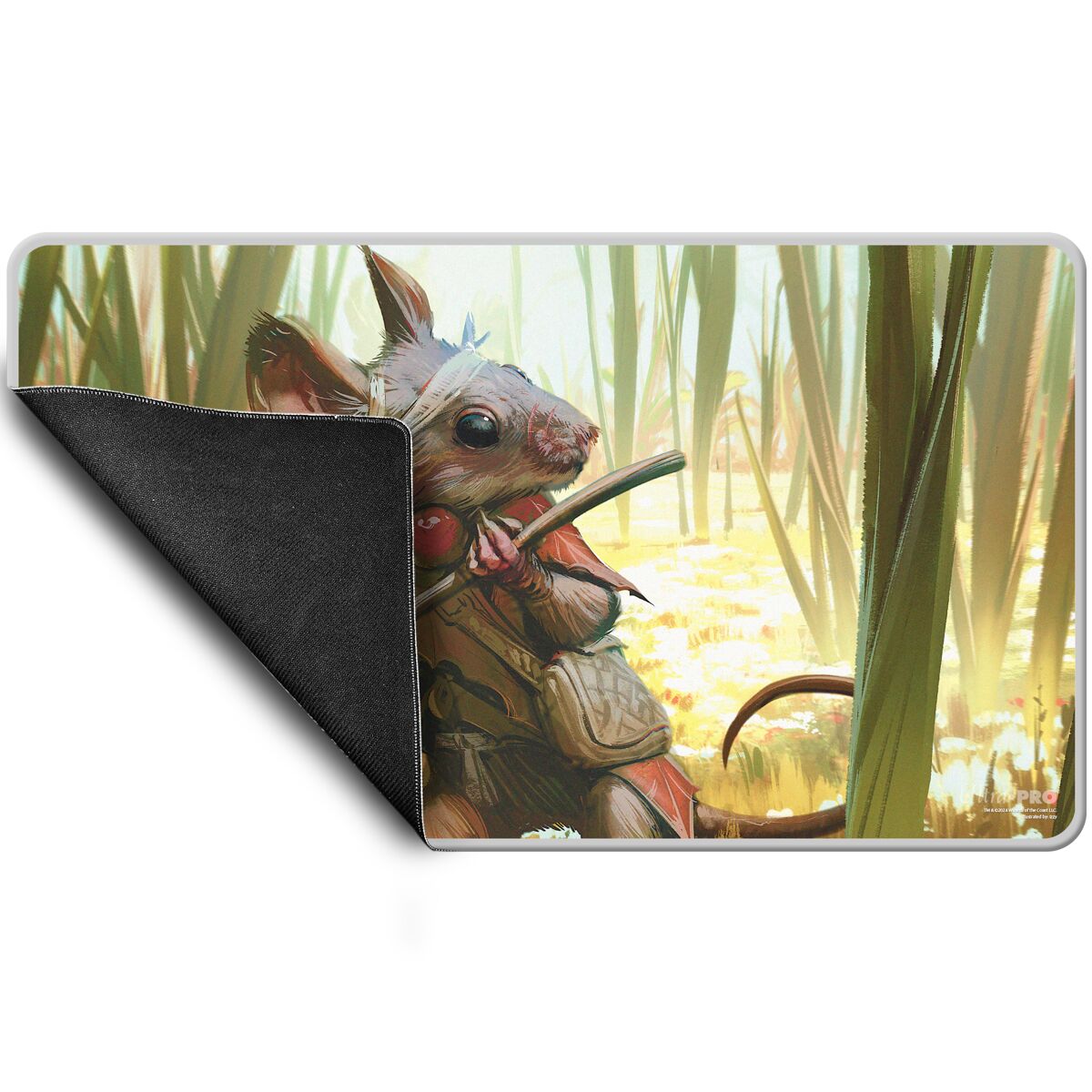 Das Stitched Playmat von Ultra Pro im MTG Bloomburrow Design "Swords to Plowshares" mit der rutschfesten Unterseite