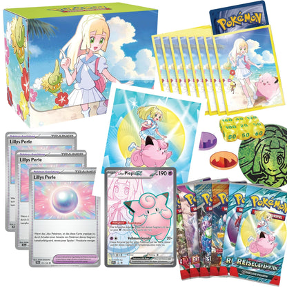 Inhalt der Pokemon TCG  Premium Turnierkollektion Lilly - Deck Box, Sleeves, Vollbild-Promokarte im Lilly & Piepi Design und 6 Booster aus der Karmesin & Purpur Reihe