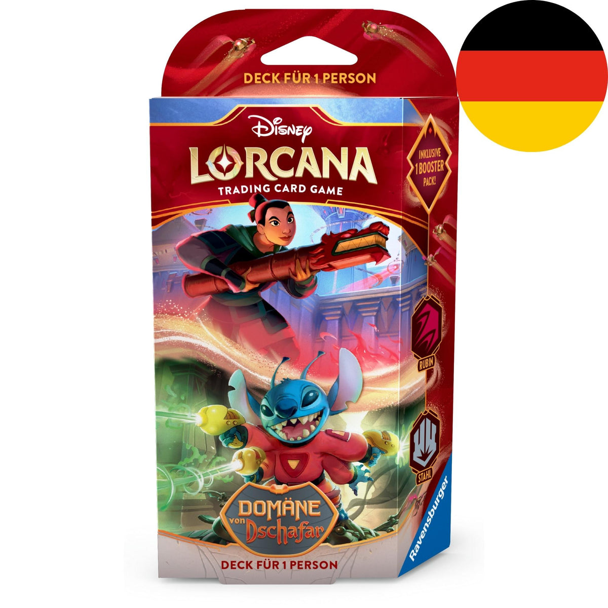 Disney Lorcana Domäne von Dschafar Starter Deck Rubin Stahl/Mulan Stitch 