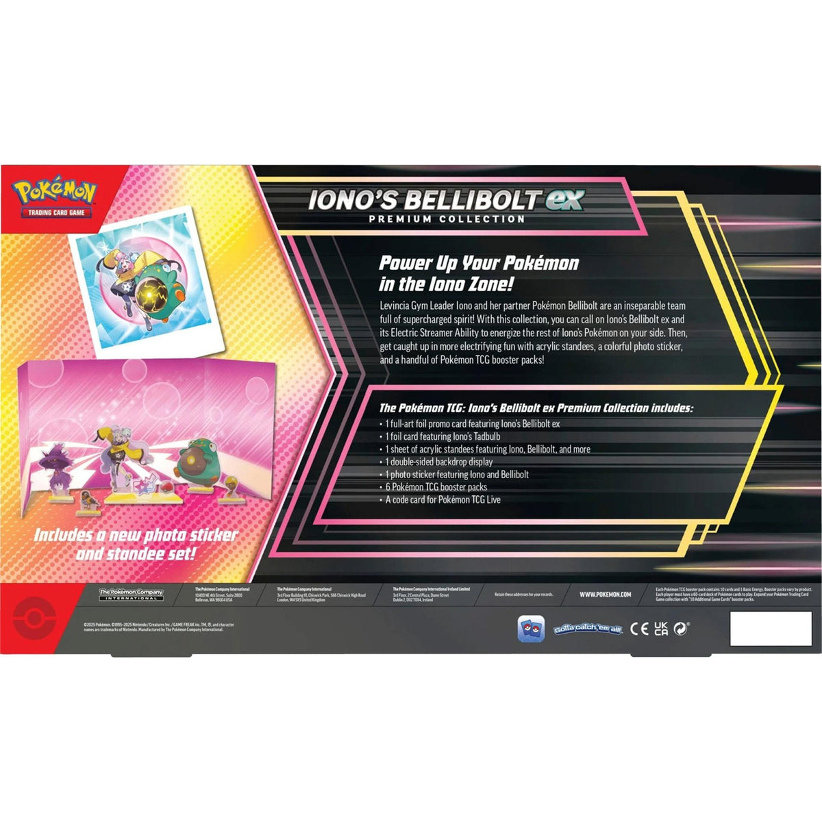 Back of the Pokémon TCG Iono’s Bellibolt ex Premium Collection box, showing photo sticker set, contents list with product details.