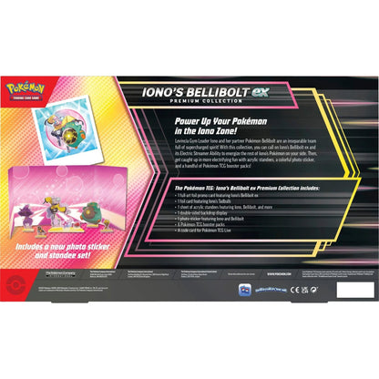 Back of the Pokémon TCG Iono’s Bellibolt ex Premium Collection box, showing photo sticker set, contents list with product details.