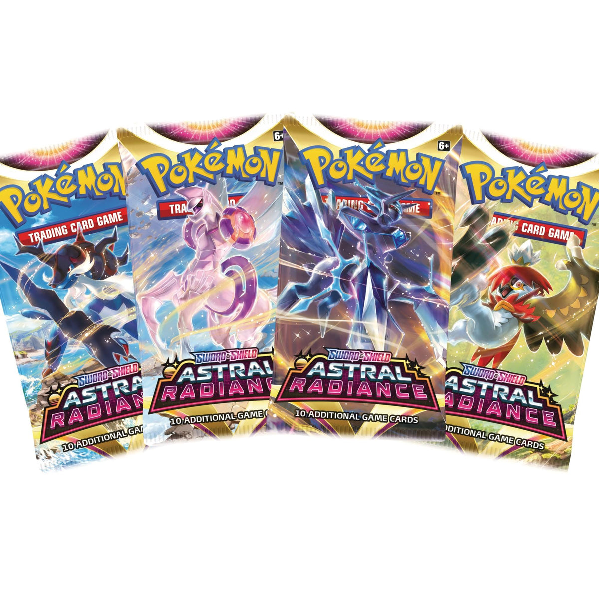 All four Pokemon TCG Astral Radiance Booster Pack designs shown: Origin Forme Dialga, Origin Forme Palkia, Hisuian Decidueye, and Hisuian Samurott