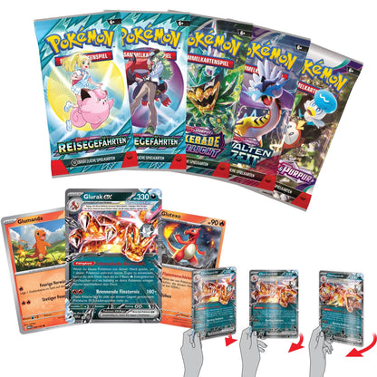 Inhalt der Glurak ex Spezial-Kollektion: 5 Booster, 3 Promokarten & überdimensionale Wackelbildkarte mit Glurak ex