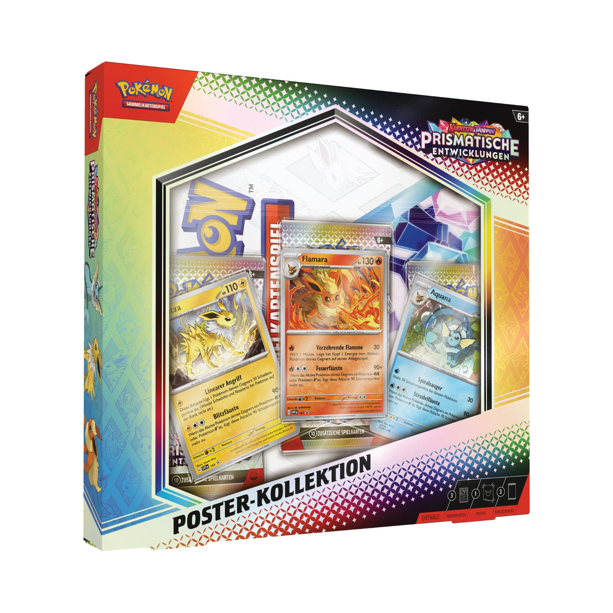 Pokemon TCG - Prismatische Entwicklungen Poster Kollektion mit 3 Pokemon Promo-Karten Blitza Flamara & Aquana