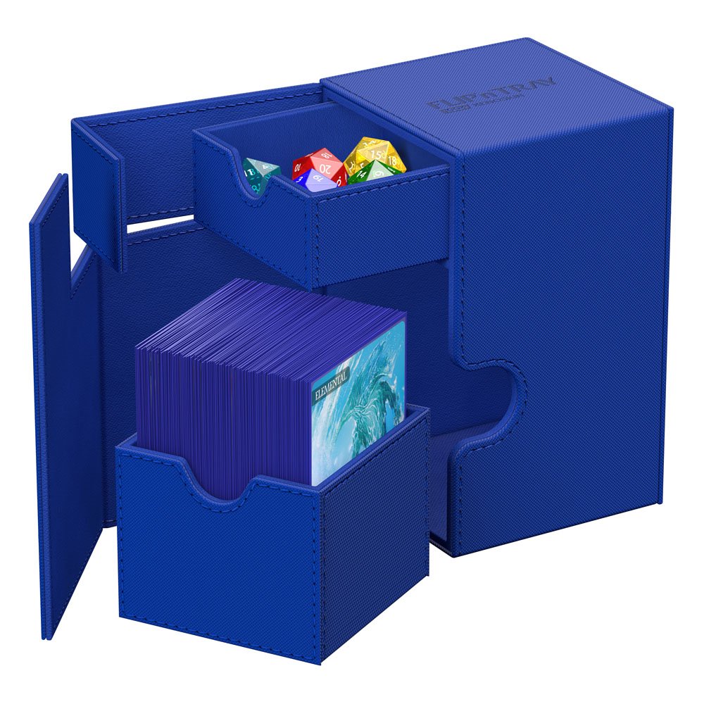 Geöffnete Flip'n'Tray 100+ Deckbox mit Kartenfach und Würfelfach für MTG, Disney Lorcana, Yugioh
