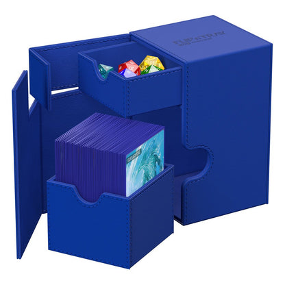 Geöffnete Flip'n'Tray 100+ Deckbox mit Kartenfach und Würfelfach für MTG, Disney Lorcana, Yugioh