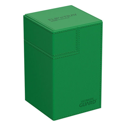 Sammelkarten sicher aufbewahrt in der grünen Ultimate Guard Flip’n’Tray 100+ Deckbox mit Xenoskin-Oberfläche
