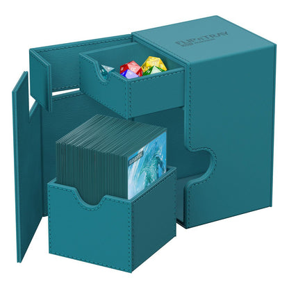 Geöffnete Flip'n'Tray 100+ Deckbox mit Kartenfach und Würfelfach für MTG, Disney Lorcana, Yugioh