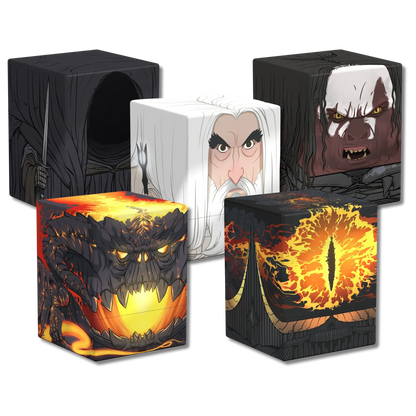 Ultimate Guard Squaroes Lord of the Rings Wave 2 deck boxes: Saruman, Balrog, Nazgûl, Lurtz, and Eye of Sauron character editions.