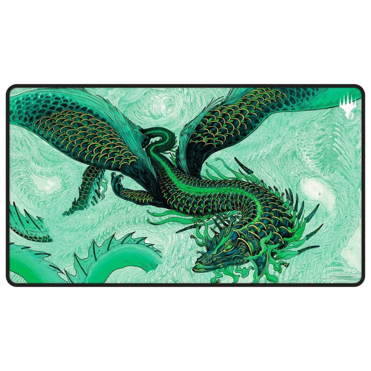 Ultra PRO black stitched playmat with MTG Tarkir Dragonstorm Teval art; dragon shimmering in green tones.
