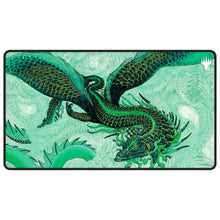 Ultra PRO black stitched playmat with MTG Tarkir Dragonstorm Teval art; dragon shimmering in green tones.