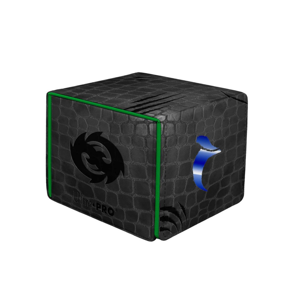 Ultra PRO Alcove Edge Premium deck box in dark faux-dragon-skin texture with magnetic flap, fits 100+ sleeved cards