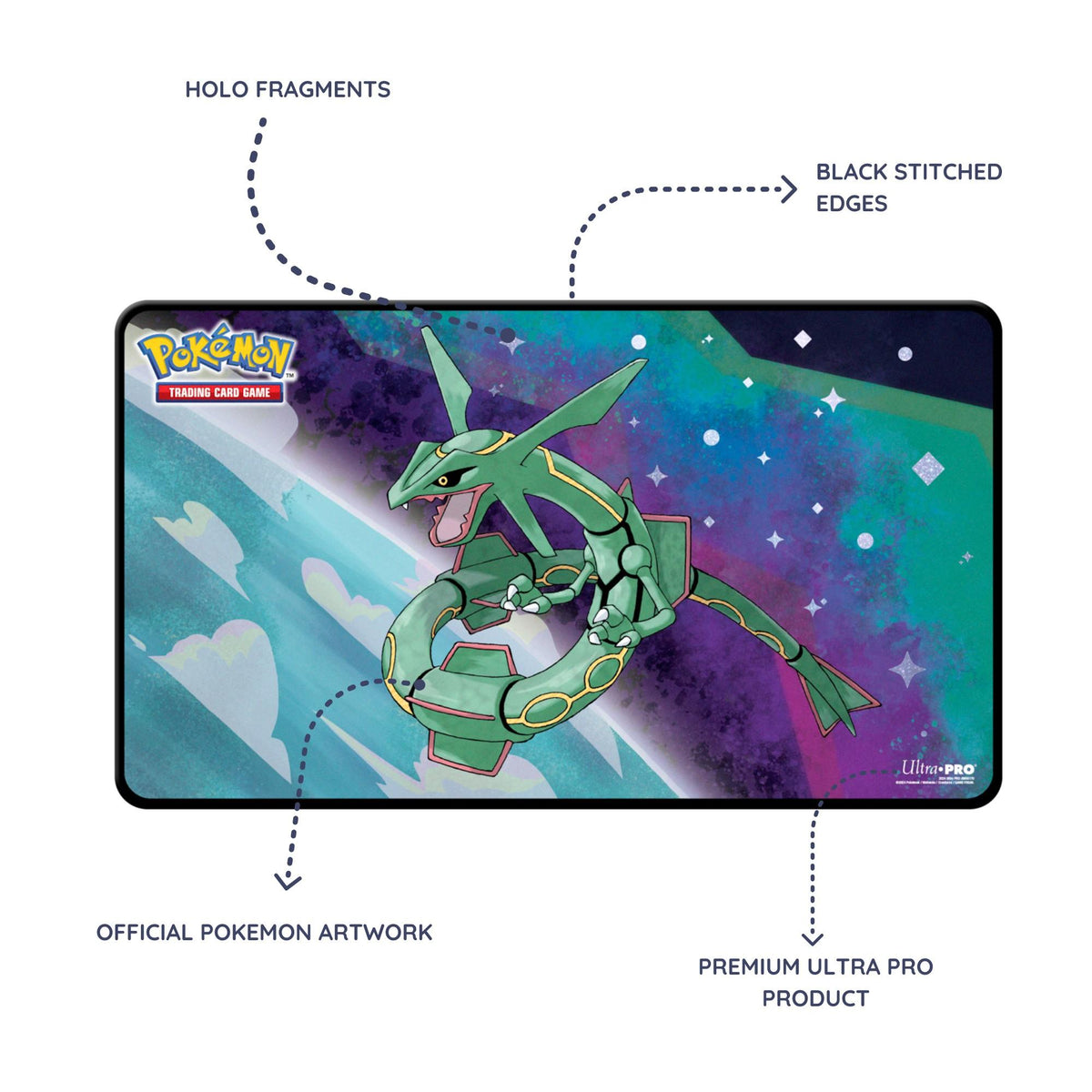 Ultra Pro Rayquaza Playmat with Highlights like Black Stitched Edges, Holo fragments and Artwork